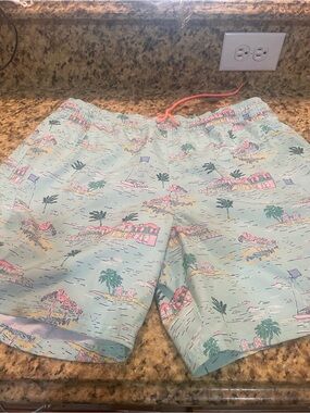 Vineyard Vines Chappy Light Aqua Tropical Print Swim Shorts with Coral Tie
